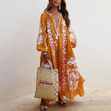 hulianfu Spring Elegant Floral Print Tassel Long Party Dress Vintage Long Lantern Sleeve Ladies Dresses Women V Neck Casual Loose Dress