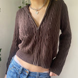 Knitted Sweater Women Hooded Cardigan Cropped Vintage Hoodies Y2K Solid Coat Women Sweater Outwear Long Sleeve Pull Femme