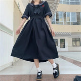 hulianfu Harajuku Sailor Collar Navy Dress Japanese Lolita Sweet Bow-knot Girl Retro Cotton Kawaii Preppy Style Short Sleeve Dress Women