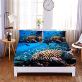 HULIANFU Seafloor Animals Digital Printed 3pc Polyester  Fitted Sheet Mattress Cover Four Corners with Elastic Band Bed Sheet Pillowcases