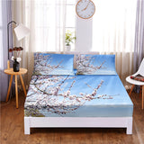 HULIANFU Pink Flower Digital Printed 3pc Polyester  Fitted Sheet Mattress Cover Four Corners with Elastic Band Bed Sheet Pillowcases