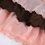 Hulianfu Y2K Aesthetic Pleated Skirts Women Low Waist Ruffles Mini Skirt Patchwork Pink Mesh Cute Kawaii Brown Bodycon Vintage Clothes