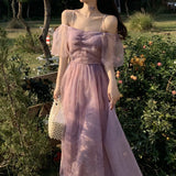 Hulianfu Elegant Midi Summer Dress Women Mesh Korean Fairy Vintage Dress Female Design One-piece Sequins Strap Dress Ladies Clothing