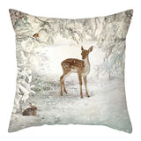 HULIANFU Merry Christmas Pillow Case Xmas Deer In Snow Forest Picture Cushion Cover For Home Sofa Decor Short Plush Pillowcases