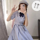 hulianfu Harajuku Sailor Collar Navy Dress Japanese Lolita Sweet Bow-knot Girl Retro Cotton Kawaii Preppy Style Short Sleeve Dress Women