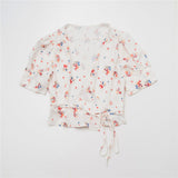 hulianfu Women Shirt Spring and Summer New Ladies Floral Print V-neck Short-sleeved Shirt