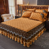 HULIANFU Luxury Super Soft Crystal Velvet Fleece Lace Ruffles Quilted Bed Skirt Mattress Cover Bedspread Pillowcase Bedding Home Textiles