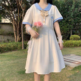 hulianfu Harajuku Sailor Collar Navy Dress Japanese Lolita Sweet Bow-knot Girl Retro Cotton Kawaii Preppy Style Short Sleeve Dress Women