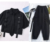 hulianfu  Spring Streetwear Pants High-Waist Straight Ribbon Cargo Pants Student Loose Short-Sleeved Shirt with Tie two-piece Set