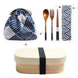HULIANFU Wooden Lunch Box Picnic  Japanese Bento Box for School Kids Dinnerware Set with Bag&amp;Spoon Fork Chopsticks Round Square Lunch Box