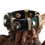 HULIANFU RH Fashion Boho Leather Armbander Goldcolor Metal Rectangle Real Leopard Horsetail Leather Bracelets For Women Gift DropShip