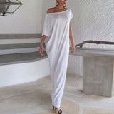 Splice Contrast Panel Women Dress Summer Casual Loose Off Shoulder Short Sleeve Ladies Irregular Maxi Long Dress Vestidos