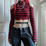 Hulianfu Gothic Mall Goth Striped Print T-shirt Hollow Out Slim Fit Turtleneck Crop Top E-girl Harajuku Grunge Emo Alt Tees Women Clothes