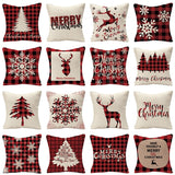 HULIANFU Linen Red Scottish Plaid Christmas Cushions Case Reindeer Trees Snowflakes Print Christmas Decorative Pillows for Sofa Couch Bed