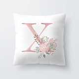 HULIANFU Pink Letter Decorative Floral Pillow Gold Alphabet Cushion for Sofa Polyester Pillowcase Decoration Salon