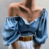 Hulianfu Off Shoulder Puff Sleeve Women's Shirs Autumn Sexy Single Breasted Female Denim Tops Spring Trend Fashion Ladies Shirts