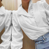 Hulianfu Elegant Turtleneck Blouse Long Sleeve White Shirt Office Ladies Top Casual Solid Single-Breasted Puff Sleeve Womens Blouses