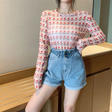 Hulianfu Angel Print Sheer Blue Black Mesh Long Sleeve Blouse Shirts Women Spring Summer Pullovers Elegant Sexy See Through Tops