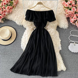 hulianfu Yellow/Purple/White Chiffon Dress Women Sexy Slash Neck Ruffle Robe Elegant Ruffle High Waist Vestidos Female Beach Vacation New