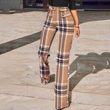 hulianfu Women Buttoned High Waist Wide Leg Tailored Pants Spring Casual Ladies Plaid Long Pencil Pants Elegant Trousers Overalls