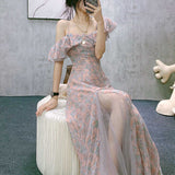 Hulianfu Vintage Chiffon Midi Dress Women Floral Print Design Korean Party Split Dress Female Summer Evening Beach Boho Dress 2021 Casual