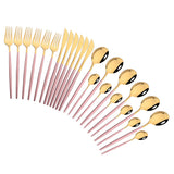 HULIANFU Pink Gold Cutlery Set Stainless Steel Dinnerware Set 24Pcs Knives Forks Coffee Spoons Flatware Set Kitchen Dinner Tableware Set