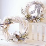 HULIANFU White Garland Wicker Round Design Christmas Tree Rattan Wreath   Ornament Vine Ring Decoration Home Party Hanging Flower Craft