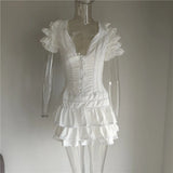 High Quality  Ruffle White Women Mini Dress Beach Holiday Girl Dress