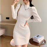 Hulianfu Women Knitting Full Puff Sleeve Base Sweaters Dresses Girls Slim Turtleneck Mini Sheath Knitwear Dress Real Photos