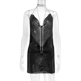 hulianfu Handmade Backless Sequin Metal Mesh Dress Women Chain Halter Rhinestone Chain Slit Night Club Birthday Party Dress Mini