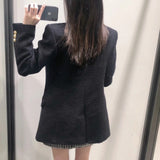 Hulianfu Blazer Women Traf Fashion Metal Double Breasted Woollen Blazers Coat Vintage Long Sleeve Female Outerwear Chic Tops
