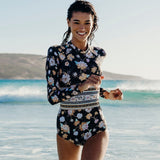 Hulianfu Swimwear Women Print Floral One Piece Swimsuit Long Sleeve Bathing Suit Retro Swimsuit Vintage Beach wear Surfing Swim Suit