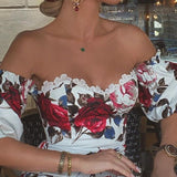 hulianfu Women Short Sleeve Floral Print Lace Trim Midi Dress Bodycon Sexy Party Dress