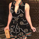 hulianfu Sexy Women Deep V-neck Shirt Dress Summer Sleeveless Chain Print Mid-calf Dresses Laides Lace Up Party Dresses Clubwear