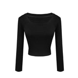 Hulianfu Soft Elastic Tees Women U-neck Cropped T-shirts Girls Full Sleeve Sheath Tshirt Basic Crop Tops Girls Base Undershirts