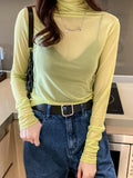 Hulianfu Size M-3XL Girls Colorful Mesh T-Shirts Tees Female Transparent Long Sleeve Turtleneck Thin Tshirt Tops Women Spring Fall