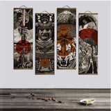 HULIANFU Japanese Samurai Ukiyoe Tiger Canvas Poster Pictures for Living Room Home Decor Painting Wall Art with Solid Wood Hanging Scroll