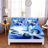 HULIANFU Purple Butterfly Digital Printed 3pc Polyester  Fitted Sheet Mattress Cover Four Corners with Elastic Band Bed Sheet Pillowcases