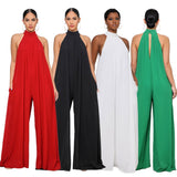 hulianfu Women  Sleeveless High Neck Fashion Sexy Solid Color Casual Chiffon Loose Temperament One-Piece Pants Jumpsuit