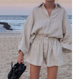 hulianfu Summer Casual Two-piece Suit  Women's Retro Fashion Shorts Suites Shirt High Waist Loose Bohemian Shorts Women's Suit Top