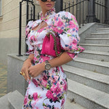 hulianfu Autumn Women Fashion Sexy Slim Stand Collar Long Sleeve Lace Up Printed Simple Temperament Dress
