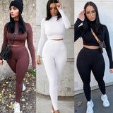 hulianfu Two Piece Sets Women Solid Autumn Tracksuits High Waist Stretchy Sportswear Hot Crop Tops And Leggings Matching Outfits