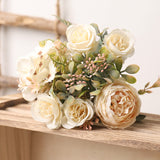 HULIANFU White Silk Artificial Roses Flowers Wedding Home Autumn Decoration High Quality Big Bouquet Luxury Fake Flower Arrangement Bulk