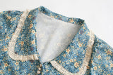 Hulianfu New French Style Lace Patchwork Floral Print Crop Tops Women Summer Casual Chic Peter Pan Collar Blouses Female Fashion Top