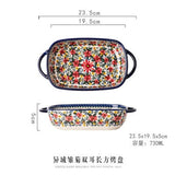 HULIANFU Krusoal Retro Ceramic Handle Salad Bowl Household Oven Breakfast Bake Pan Microwave Bohemia Binaural Soup In-glaze Tableware