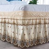 HULIANFU Top Selling Delicate Double Layers Luxury Stereoscopic Embroidered Flowers Lace Ruffle Bed Skirts with Strong Elastic Bed Cover