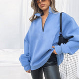 Spring Autumn Casual Solid Color Sweatshirts Women All-Match Simple Tops Pullovers Fashion Zipper Long Sleeve Loose Sweatshirt