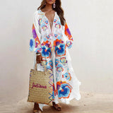 hulianfu Spring Elegant Floral Print Tassel Long Party Dress Vintage Long Lantern Sleeve Ladies Dresses Women V Neck Casual Loose Dress