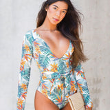 Hulianfu Swimwear Women Print Floral One Piece Swimsuit Long Sleeve Bathing Suit Retro Swimsuit Vintage Beach wear Surfing Swim Suit