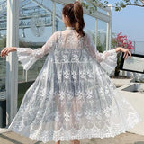 Hulianfu Women Blouse Sun Protection Outerwear Fashion Long Flare Sleeve Mesh Embroidery Thin Loose Party Holiday Maiden Outerwear Sexy